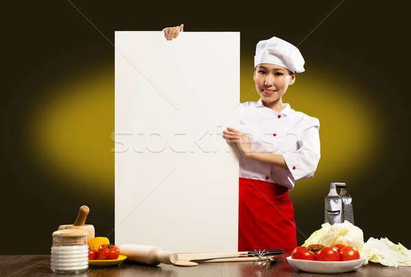 Stock foto: Weiblichen · Küchenchef · halten · Plakat · Text · aussehen