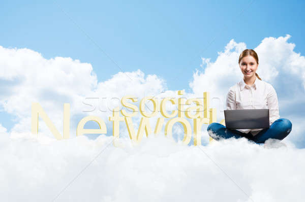 young girl running in the clouds with a laptop Stock photo © adam121
