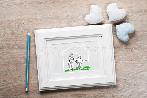 Foto stock: Momentos · feliz · Pareja · dibujo · mesa · de · madera