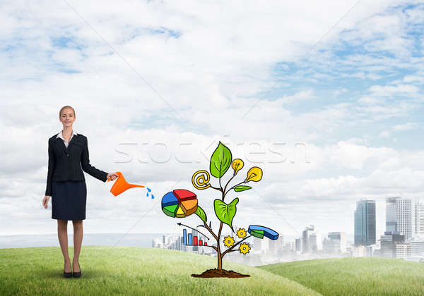 Young businesswoman outdoors watering drawn growth concept with can Stock photo © adam121