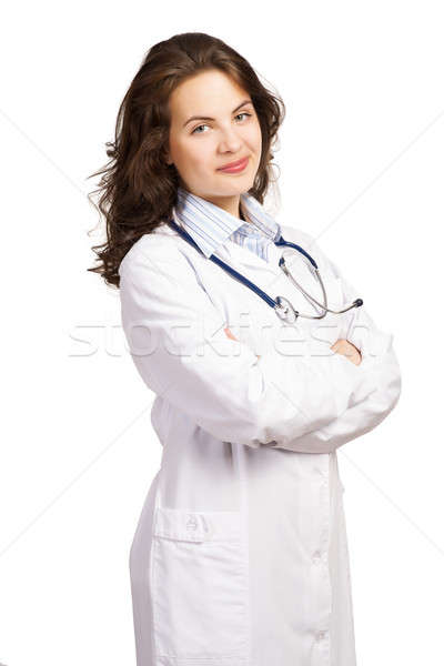 ストックフォト: 女性 · 医師 · 腕 · 笑顔 · 孤立した · 白