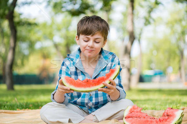 Foto d'archivio: Picnic · parco · cute · ragazzo · mangiare · succosa