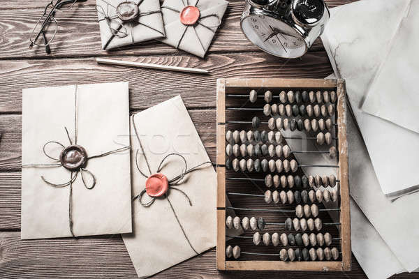 Traditioneel business vintage abacus wekker houten tafel Stockfoto © adam121