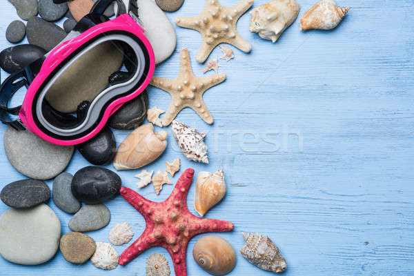Nyári vakáció búvárkodik maszk tengeri csillag kagylók kék Stock fotó © adam121