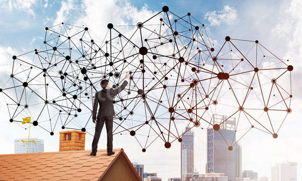 Businessman on house roof presenting networking and connection concept. Mixed media Stock photo © adam121