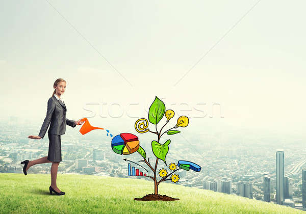 Young businesswoman outdoors watering drawn growth concept with  Stock photo © adam121