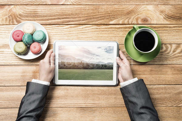 Foto stock: Empresária · topo · ver · sessão · mesa · de · madeira