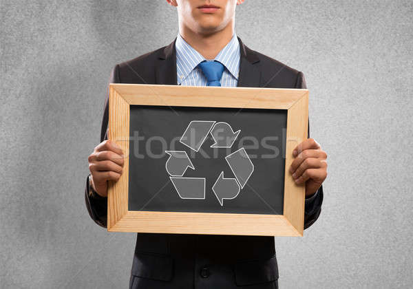 Foto stock: Empresário · quadro · quadro-negro · reciclar
