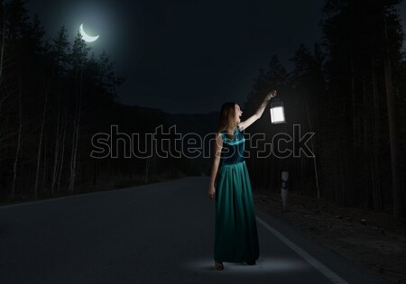Stock fotó: Lány · elveszett · éjszaka · fiatal · vonzó · nő · zöld