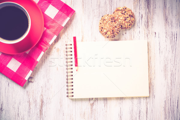 Pausa caffè cookies ricetta notebook tazza di caffè top Foto d'archivio © adam121