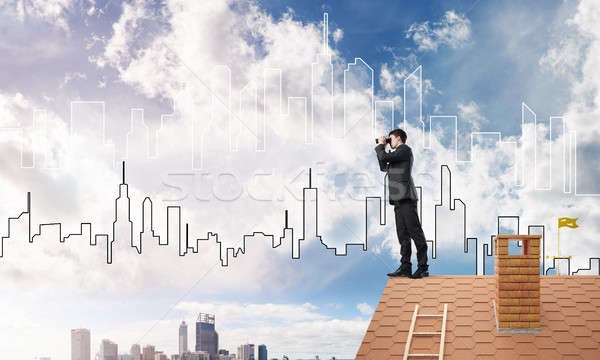 Businessman standing on roof and looking in binoculars. Mixed media Stock photo © adam121