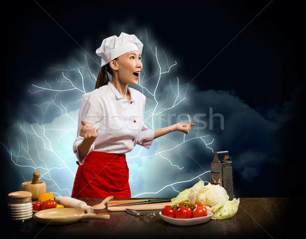 Asian femme furieux Cook collage chef Photo stock © adam121