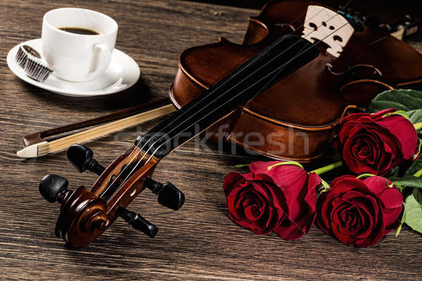 Stock fotó: Hegedű · rózsa · kávé · zene · könyvek · csésze