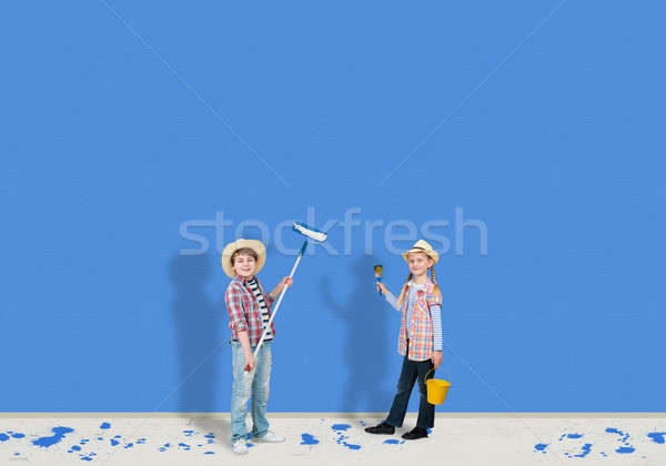 Stockfoto: Kinderen · afbeelding · afgewerkt · schilderij · muur · bouw