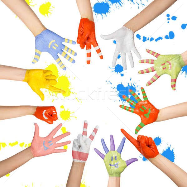 Foto stock: Pintado · manos · diferente · colores · escuela · nino