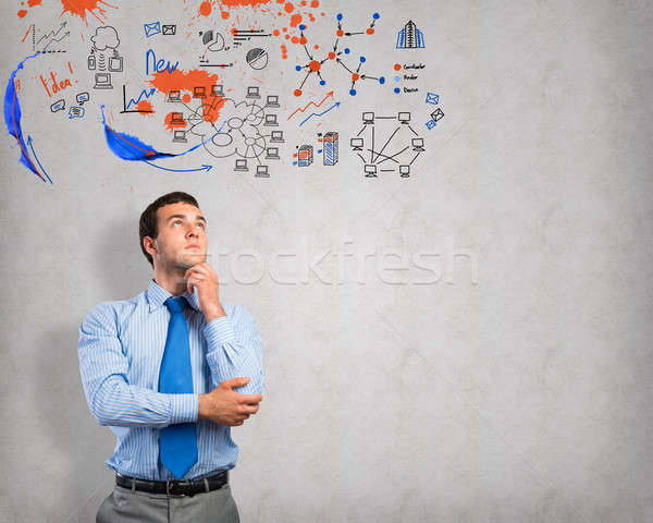 [[stock_photo]]: Pense · homme · d'affaires · croquis · cerveau · couleur · marketing