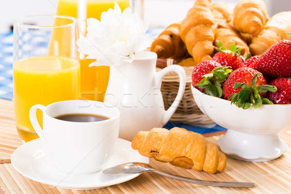 [[stock_photo]]: Café · fraise · croissant · jus · fruits