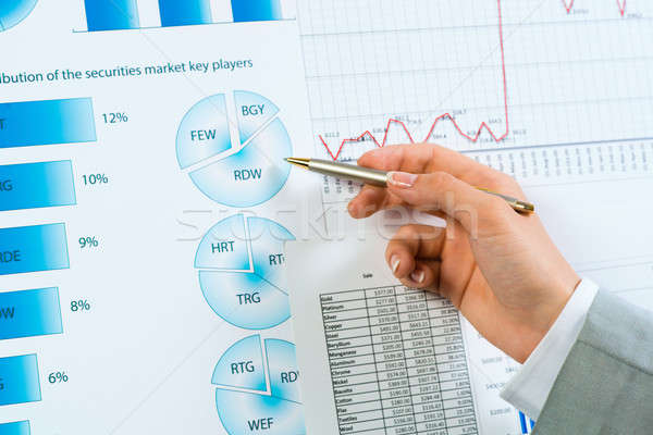 female hand pointing pen on financial charts Stock photo © adam121