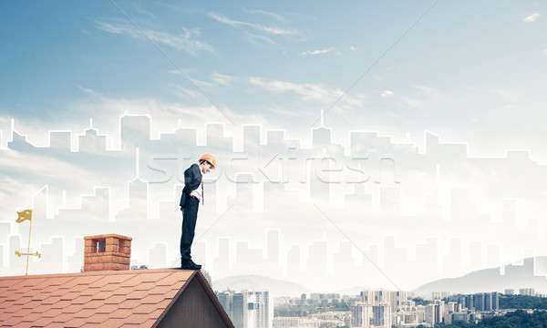 Ingenieur man permanente dak naar beneden te kijken gemengd Stockfoto © adam121