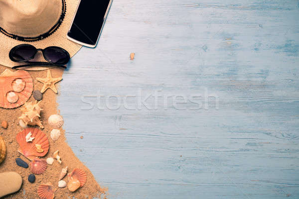 лет объекты отпуск соломенной шляпе Солнцезащитные очки смартфон Сток-фото © adam121