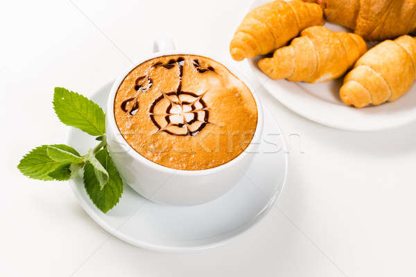 Stockfoto: Groot · beker · koffie · croissants · plaat · patroon