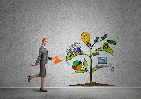 Young businesswoman in empty room watering drawn growth concept with can Stock photo © adam121