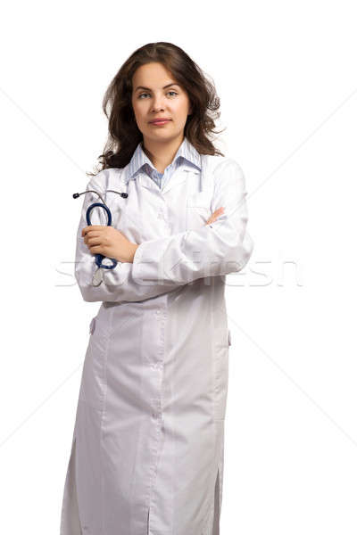 [[stock_photo]]: Femme · médecin · bras · sourires · isolé · blanche