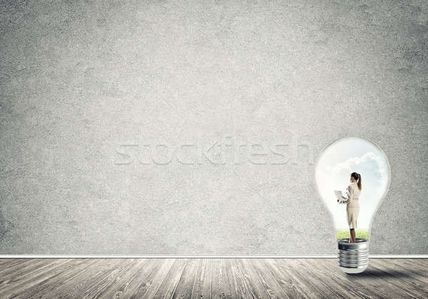 Geschäftsfrau gefangen Glühbirne innerhalb Glühlampe leer Stock foto © adam121