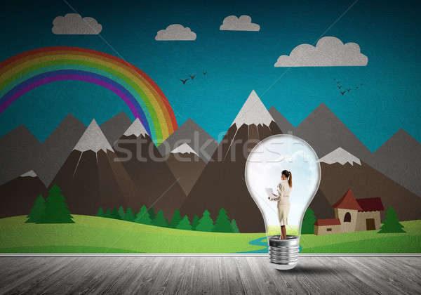 Geschäftsfrau gefangen Glühbirne innerhalb Glühlampe Zimmer Stock foto © adam121