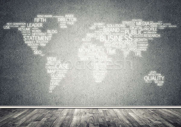 Foto stock: Mapa · do · mundo · tipografia · global · de · negócios · concreto · parede · mapa