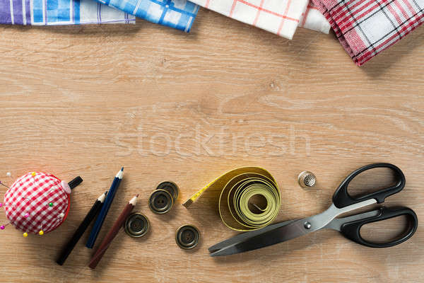 Foto stock: De · costura · tabela · velho · tesoura · materialismo