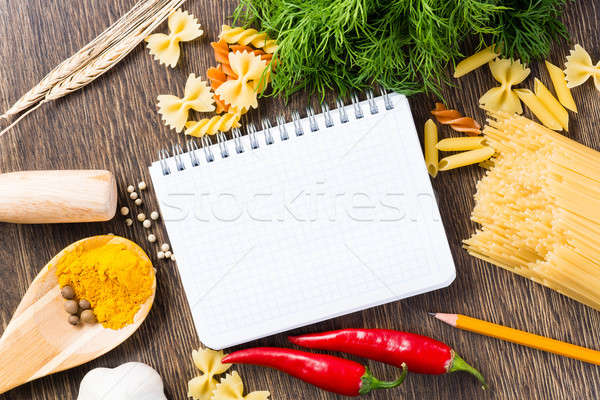 スパイス 野菜 周りに ノートブック パスタ 木製のテーブル ストックフォト © adam121