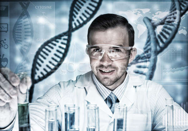 Foto stock: Jovem · cientista · vidro · clínico