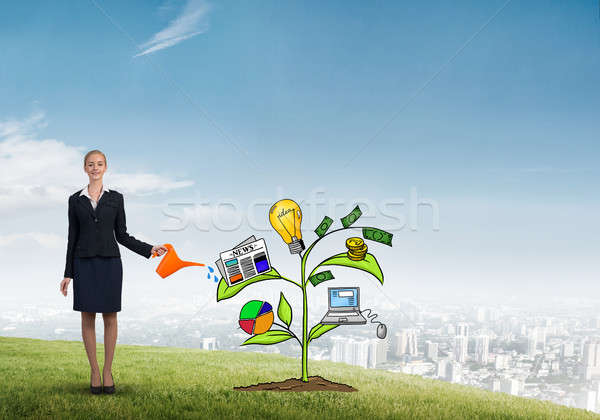 Young businesswoman outdoors watering drawn growth concept with can Stock photo © adam121