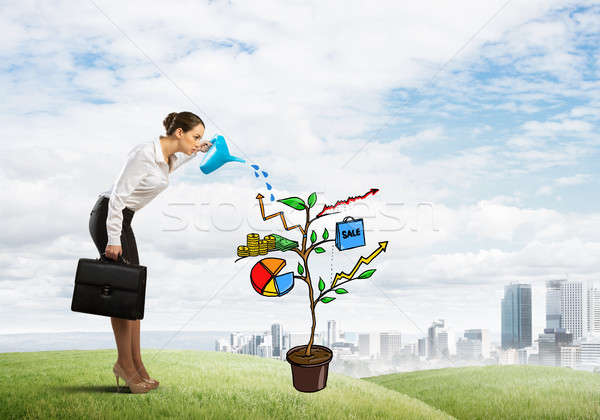 Young businesswoman outdoors watering drawn growth concept with can Stock photo © adam121