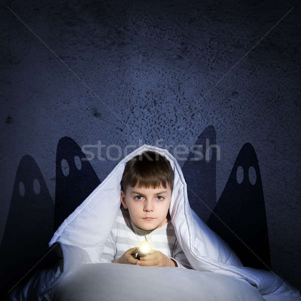 Fiú elemlámpa kép éjszaka félő szellemek Stock fotó © adam121