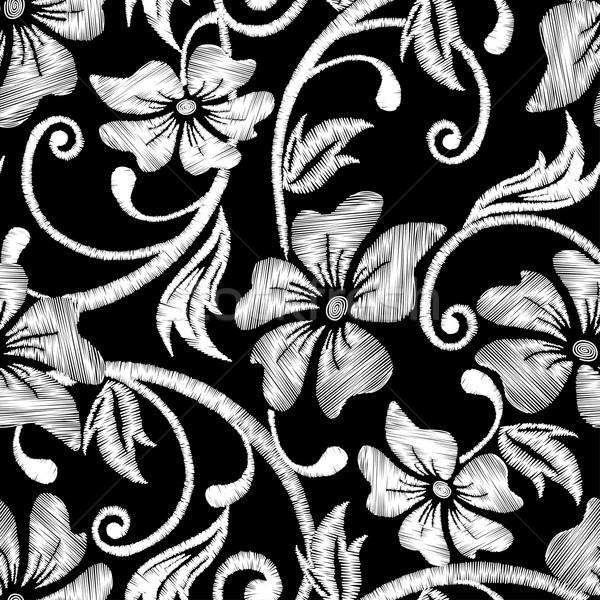 Black and white hibiscus tropical embroidery floral seamless pat Stock photo © adamfaheydesigns