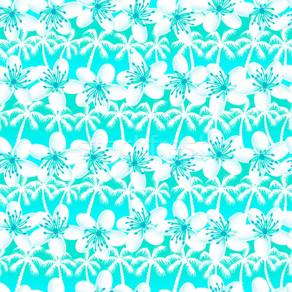 Green and Blue tropical frangipani with palm trees seamless patt Stock photo © adamfaheydesigns