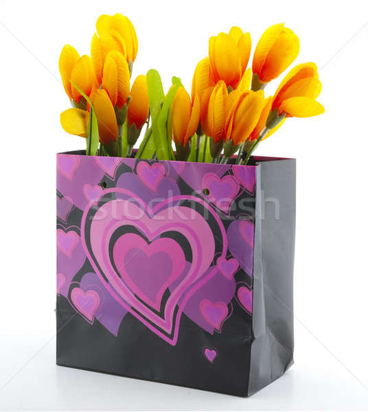 Stockfoto: Aanwezig · mand · bloemen · groene · paars · boodschappentas