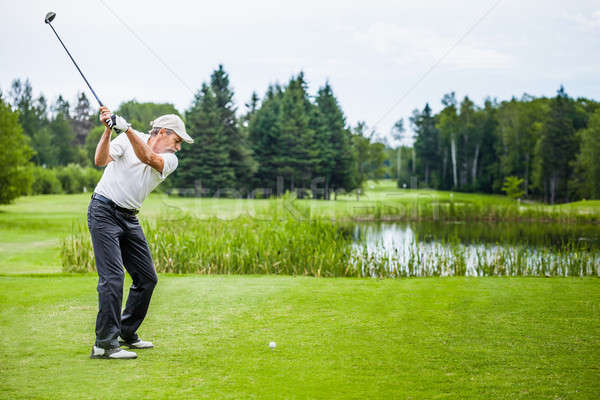 Foto d'archivio: Maturo · golfista · campo · da · golf · swing · inizio