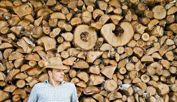 Woodcutter with straw hat on a background of wood Stock photo © aetb