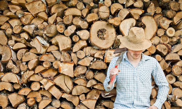 Woodcutter with straw hat on a background of wood Stock photo © aetb