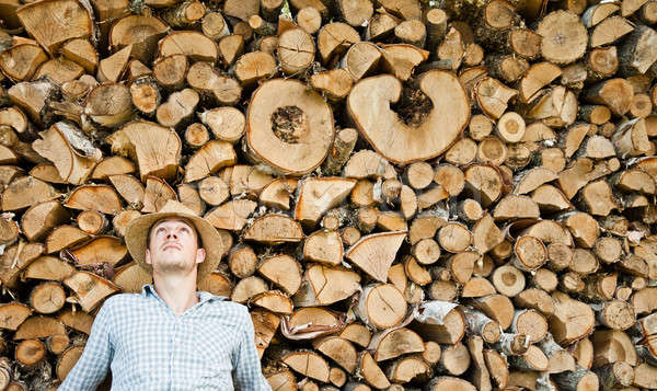 Woodcutter with straw hat on a background of wood Stock photo © aetb