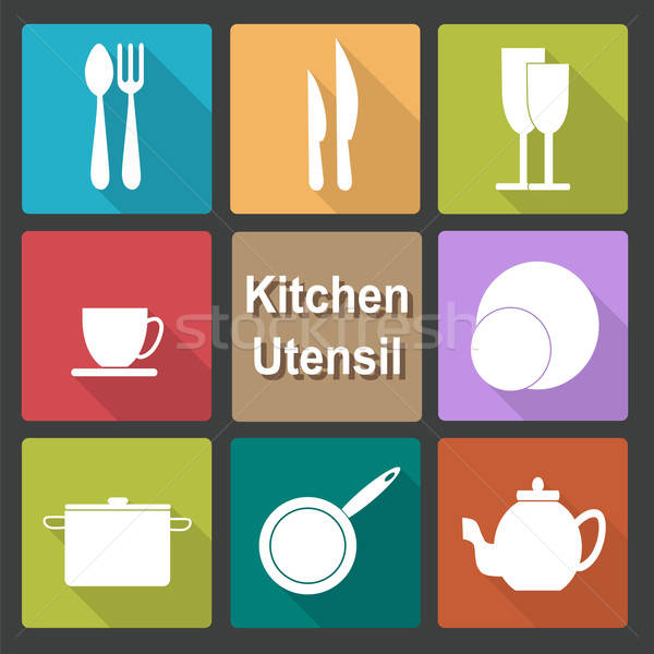 Icons set of kitchen utensil in flat design style - colored Stock photo © Agatalina