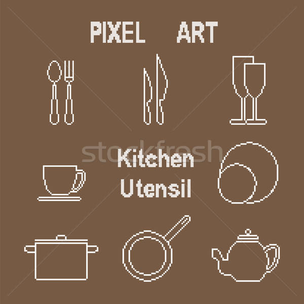 Pixel művészet skicc konyhai eszköz ikonok vektor Stock fotó © Agatalina