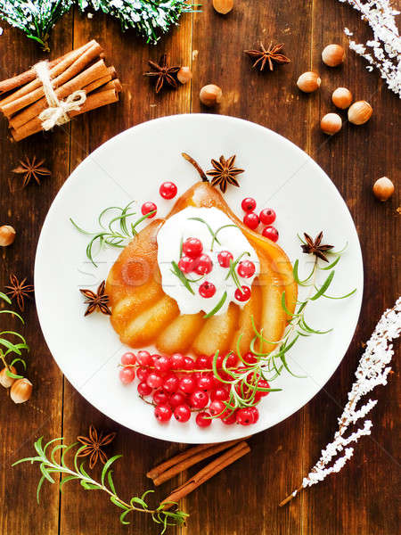 Karácsony desszert körte diók gyümölcsök krém Stock fotó © AGfoto