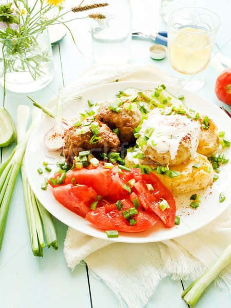 Stock photo: Mashed potatoes and meatballs