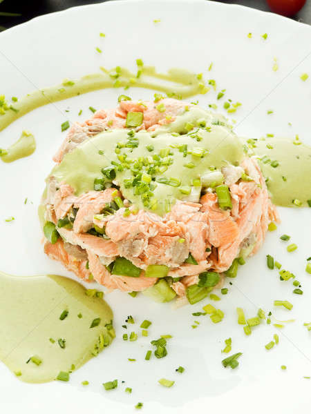 Zalm gebakken wasabi saus kruiden ondiep Stockfoto © AGfoto