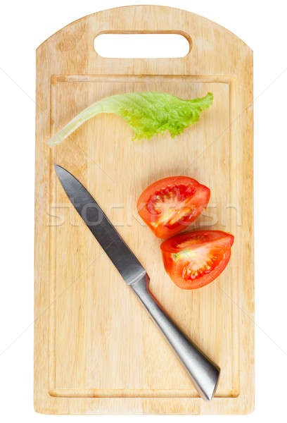 Deska do krojenia nóż pomidorów odizolowany biały liści Zdjęcia stock © AGorohov