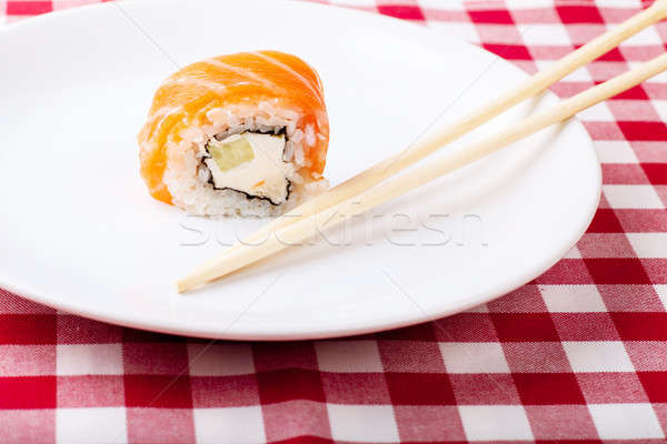 [[stock_photo]]: Sushis · plaque · soja · gingembre · baguettes · blanche